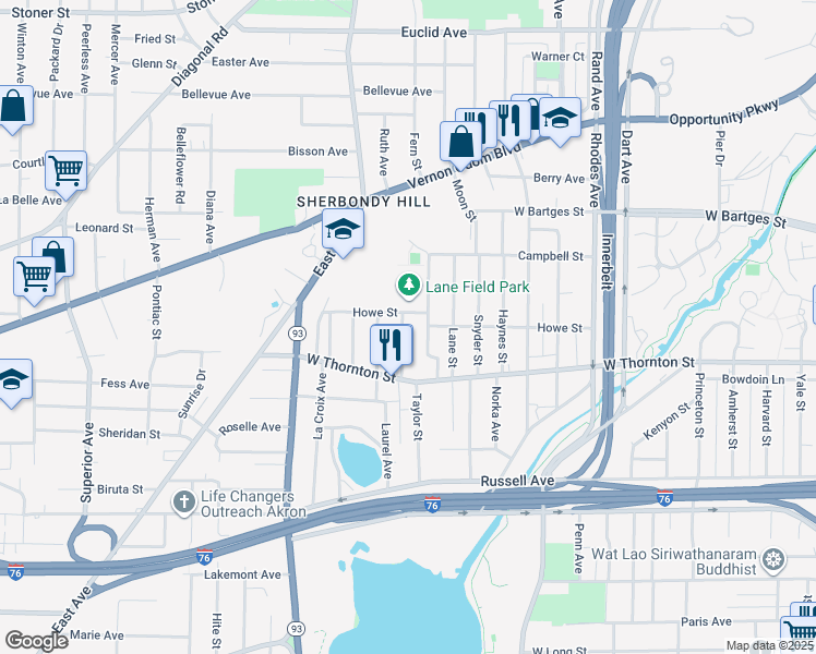 map of restaurants, bars, coffee shops, grocery stores, and more near 995 Leroy Avenue in Akron