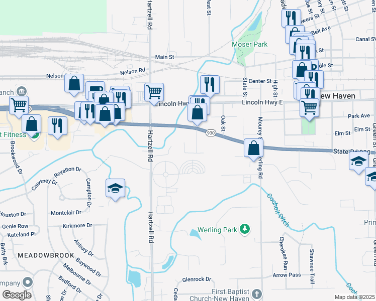 map of restaurants, bars, coffee shops, grocery stores, and more near 942 Cottonwood Drive in New Haven