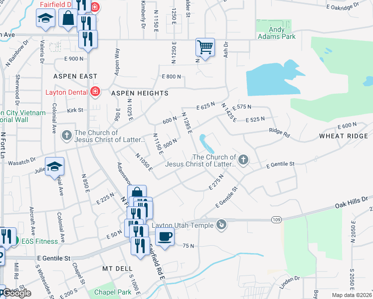 map of restaurants, bars, coffee shops, grocery stores, and more near 478 1375 East in Layton