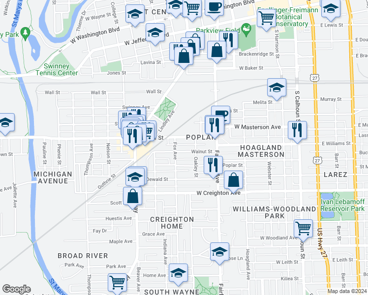 map of restaurants, bars, coffee shops, grocery stores, and more near 728 Walnut Street in Fort Wayne