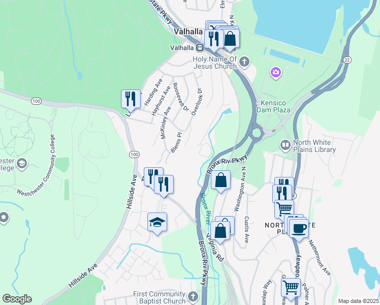 map of restaurants, bars, coffee shops, grocery stores, and more near 135-145 South Kensico Avenue in Valhalla