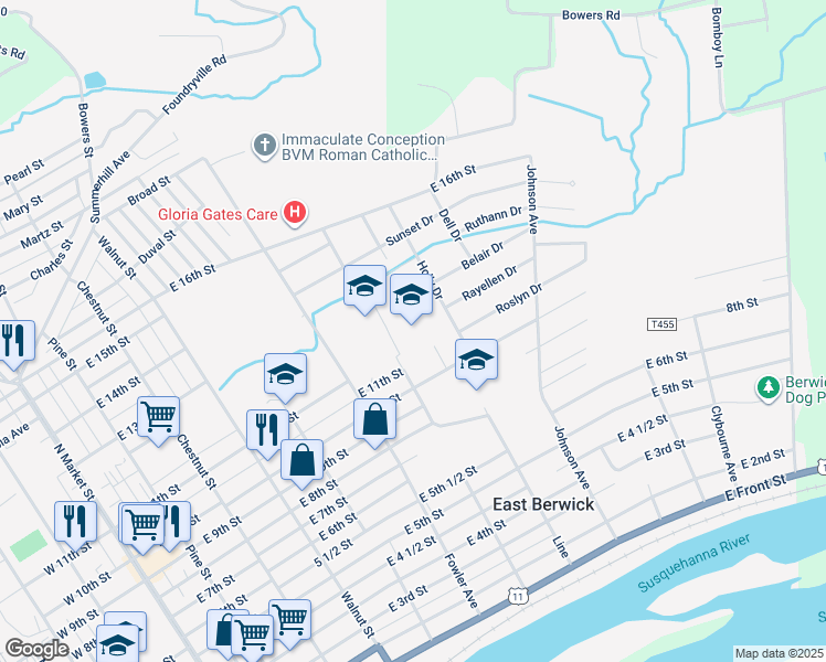 map of restaurants, bars, coffee shops, grocery stores, and more near 1100 Evergreen Drive in Berwick