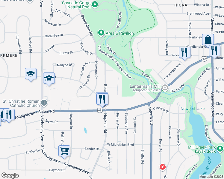 map of restaurants, bars, coffee shops, grocery stores, and more near 1919 Hayden Drive in Youngstown
