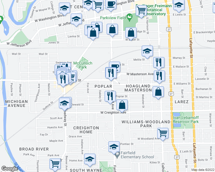 map of restaurants, bars, coffee shops, grocery stores, and more near 602 Walnut Street in Fort Wayne