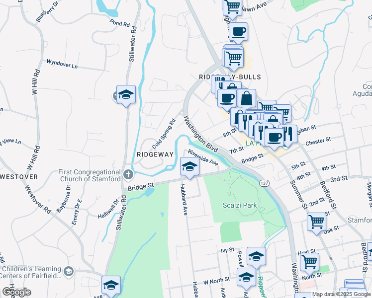 map of restaurants, bars, coffee shops, grocery stores, and more near 67 Riverside Avenue in Stamford