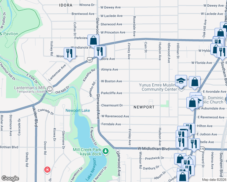 map of restaurants, bars, coffee shops, grocery stores, and more near 604 Parkcliffe Avenue in Youngstown