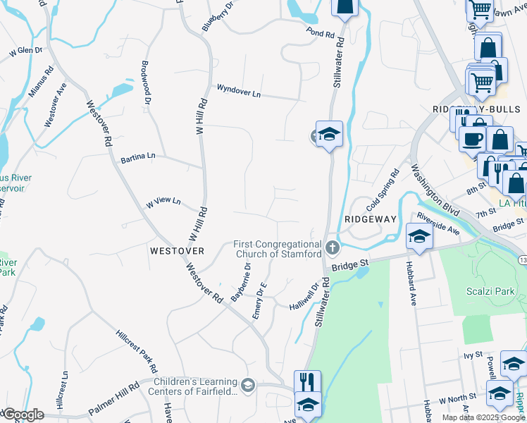 map of restaurants, bars, coffee shops, grocery stores, and more near 8 West Rock Trail in Stamford