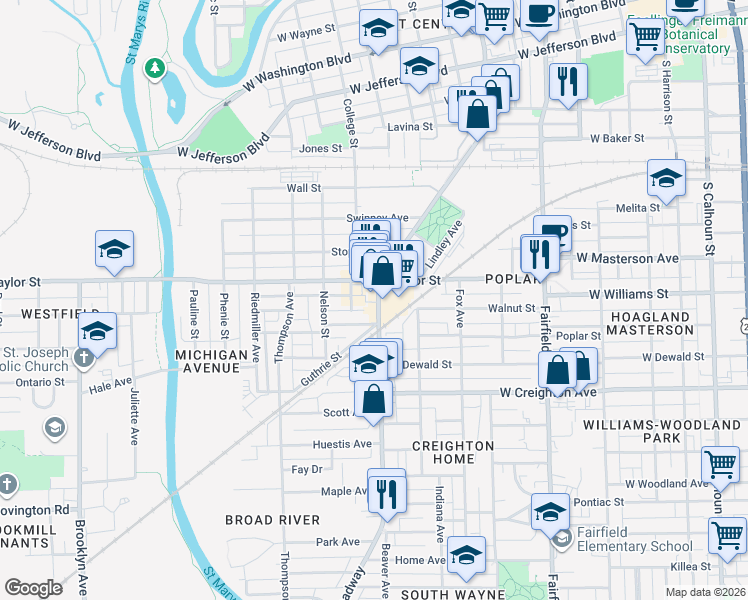 map of restaurants, bars, coffee shops, grocery stores, and more near 2024 Broadway in Fort Wayne