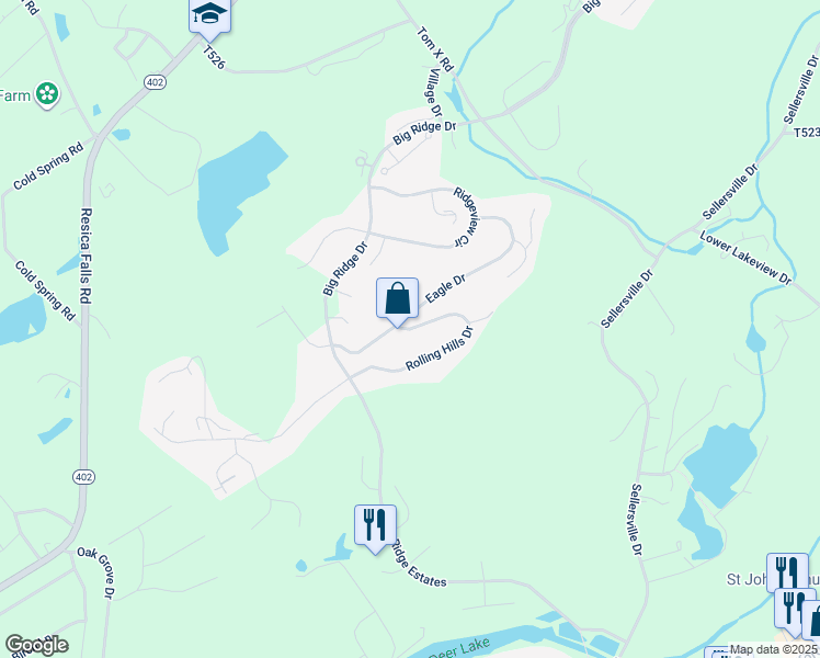 map of restaurants, bars, coffee shops, grocery stores, and more near Rolling Hills Drive in East Stroudsburg