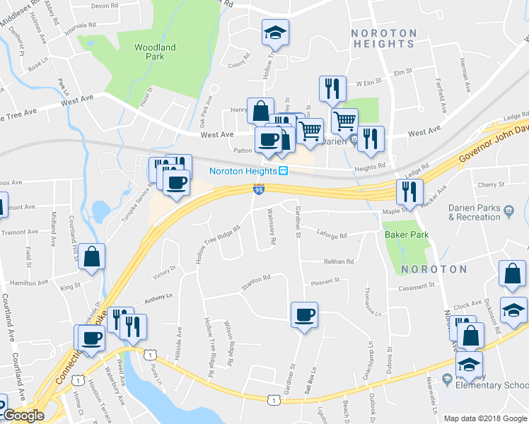 map of restaurants, bars, coffee shops, grocery stores, and more near 90 Linden Avenue in Darien