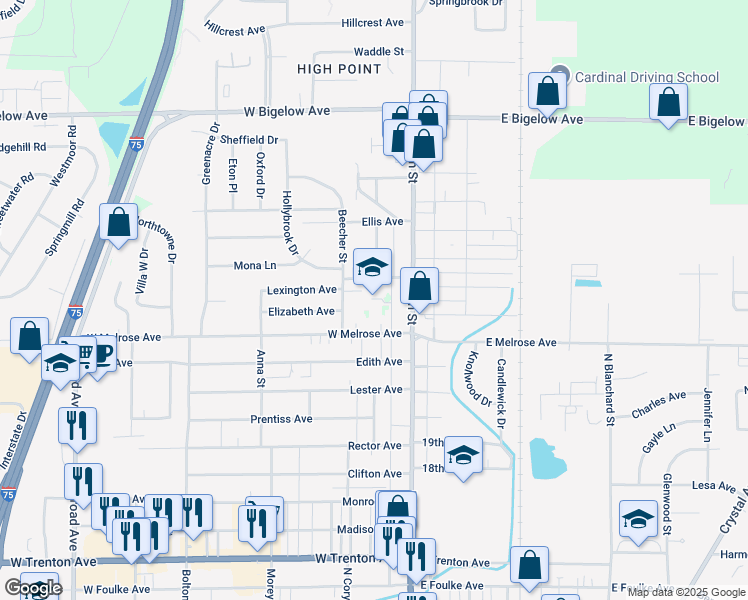 map of restaurants, bars, coffee shops, grocery stores, and more near 133 Lexington Avenue in Findlay