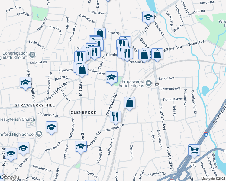 map of restaurants, bars, coffee shops, grocery stores, and more near 398 Glenbrook Road in Stamford