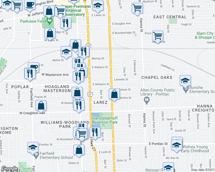 map of restaurants, bars, coffee shops, grocery stores, and more near 326 East Williams Street in Fort Wayne