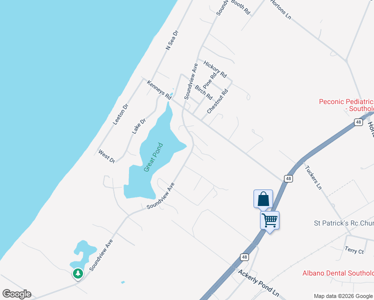 map of restaurants, bars, coffee shops, grocery stores, and more near 8605 Soundview Avenue in Southold