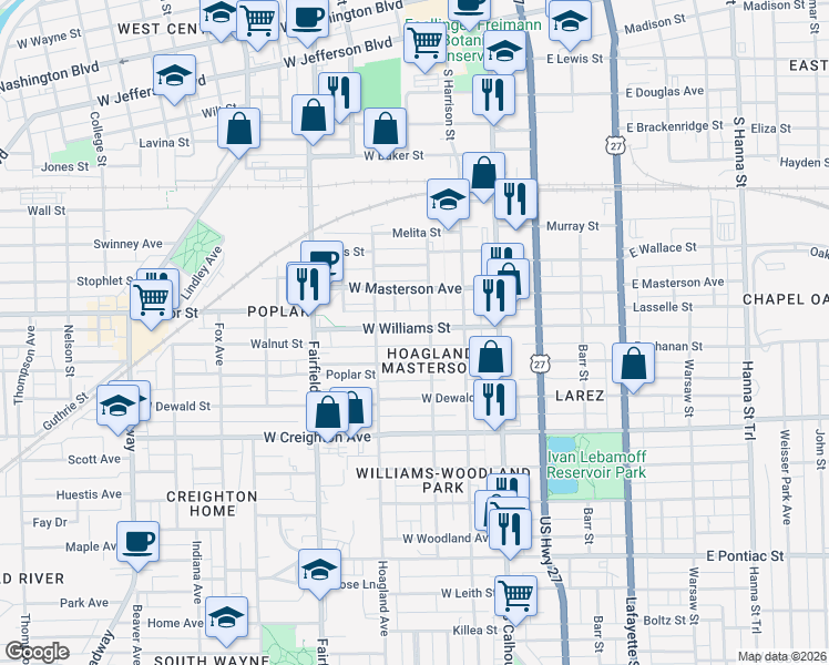 map of restaurants, bars, coffee shops, grocery stores, and more near 315 West Williams Street in Fort Wayne