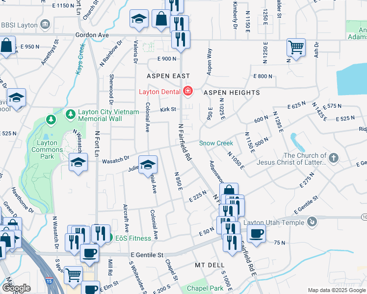 map of restaurants, bars, coffee shops, grocery stores, and more near 448 North Fairfield Road in Layton