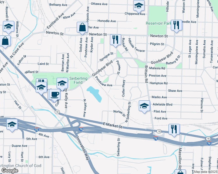 map of restaurants, bars, coffee shops, grocery stores, and more near 1400 Pondview Avenue in Akron