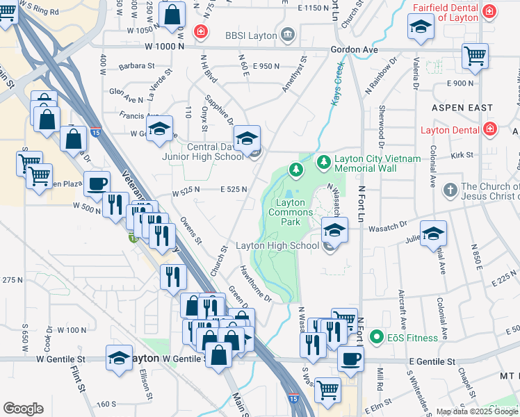 map of restaurants, bars, coffee shops, grocery stores, and more near 2385 West 525 South Street in Layton