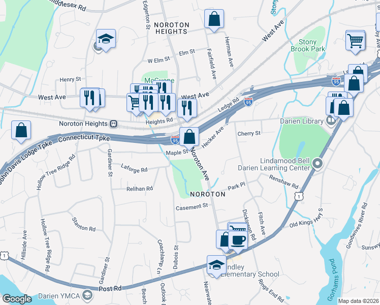 map of restaurants, bars, coffee shops, grocery stores, and more near 94 Noroton Avenue in Darien