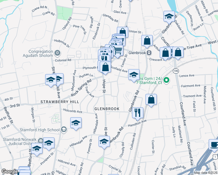 map of restaurants, bars, coffee shops, grocery stores, and more near 41 Frisbie Street in Stamford