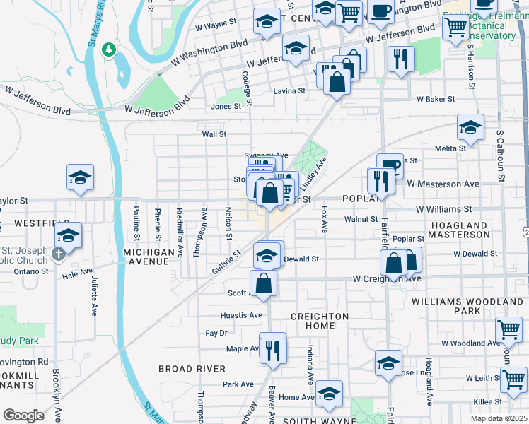 map of restaurants, bars, coffee shops, grocery stores, and more near in Fort Wayne
