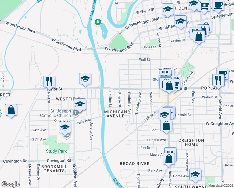 map of restaurants, bars, coffee shops, grocery stores, and more near 2020 Phenie Street in Fort Wayne
