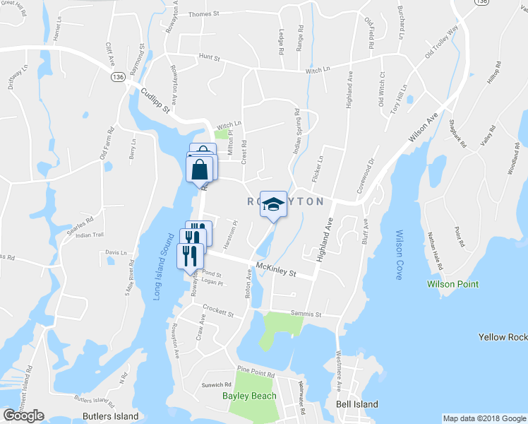 map of restaurants, bars, coffee shops, grocery stores, and more near 42 Wilson Avenue in Norwalk