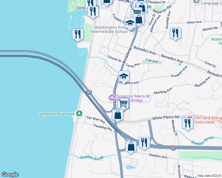 map of restaurants, bars, coffee shops, grocery stores, and more near 299 South Broadway in Tarrytown