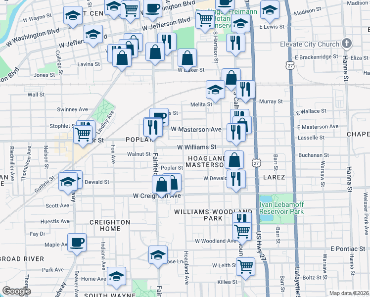 map of restaurants, bars, coffee shops, grocery stores, and more near 341 West Williams Street in Fort Wayne