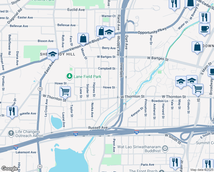 map of restaurants, bars, coffee shops, grocery stores, and more near 381 Howe Street in Akron