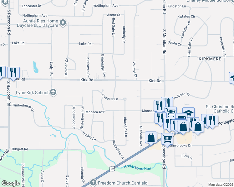 map of restaurants, bars, coffee shops, grocery stores, and more near 3850 Chaucer Lane in Youngstown