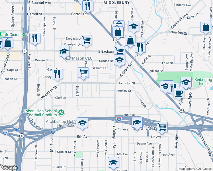 map of restaurants, bars, coffee shops, grocery stores, and more near 1053 Ackley Street in Akron