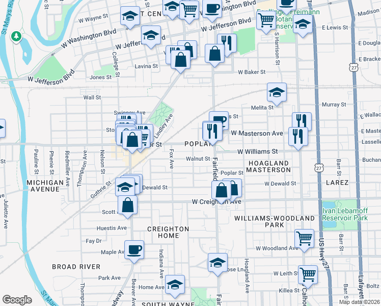 map of restaurants, bars, coffee shops, grocery stores, and more near 708 Walnut Street in Fort Wayne