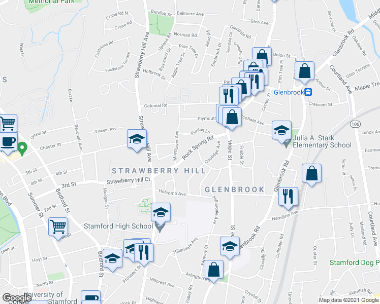 map of restaurants, bars, coffee shops, grocery stores, and more near 94 Rock Spring Road in Stamford