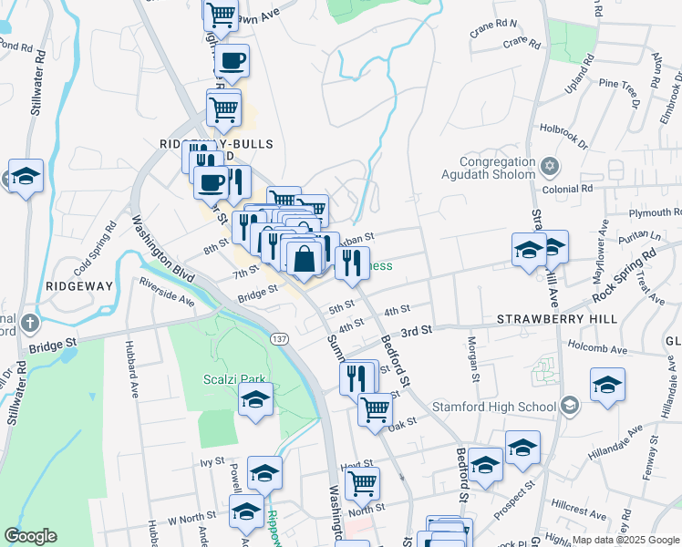 map of restaurants, bars, coffee shops, grocery stores, and more near 60 6th Street in Stamford