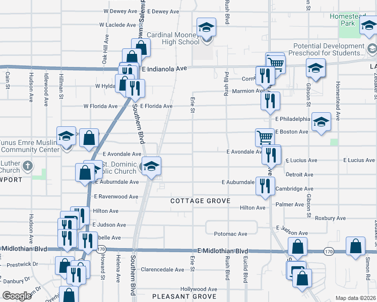 map of restaurants, bars, coffee shops, grocery stores, and more near 153 East Avondale Avenue in Youngstown