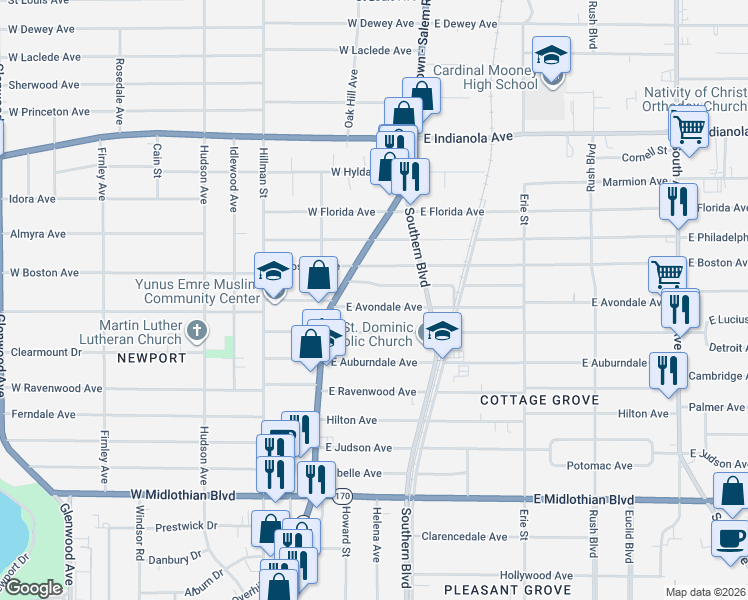 map of restaurants, bars, coffee shops, grocery stores, and more near 23 East Avondale Avenue in Youngstown