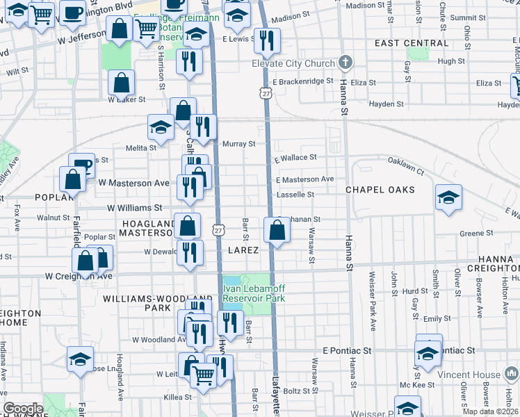 map of restaurants, bars, coffee shops, grocery stores, and more near 326 East Williams Street in Fort Wayne