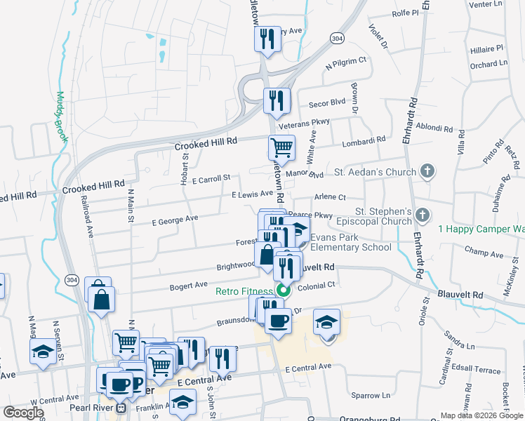 map of restaurants, bars, coffee shops, grocery stores, and more near 179 County Road 33 in Pearl River