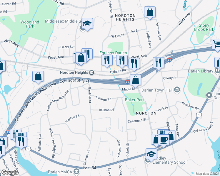 map of restaurants, bars, coffee shops, grocery stores, and more near 44 Maple Street in Darien
