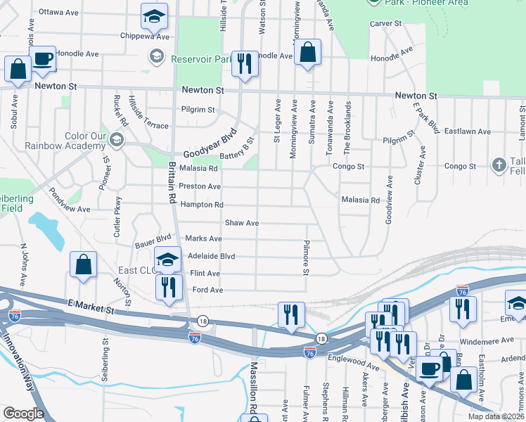 map of restaurants, bars, coffee shops, grocery stores, and more near 1841 Shaw Avenue in Akron