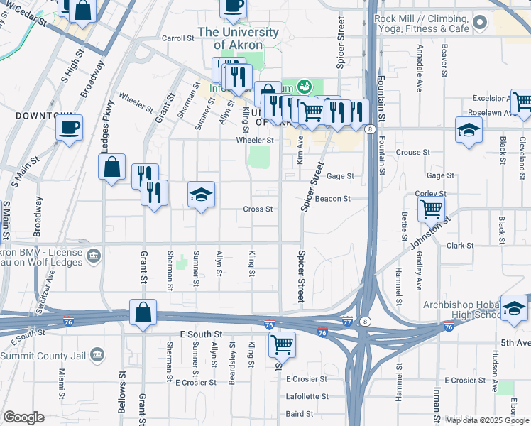 map of restaurants, bars, coffee shops, grocery stores, and more near 544 Brown Street in Akron