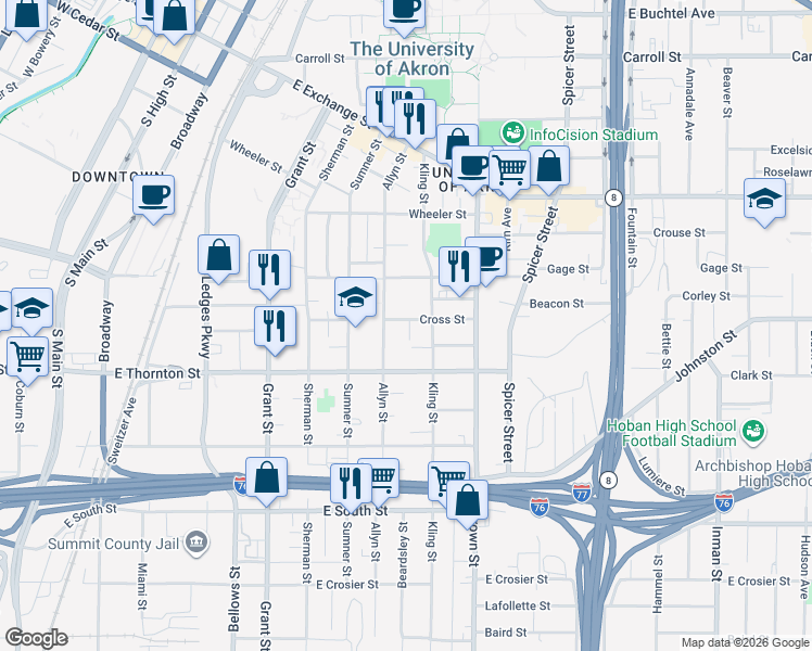 map of restaurants, bars, coffee shops, grocery stores, and more near 569 Allyn Street in Akron