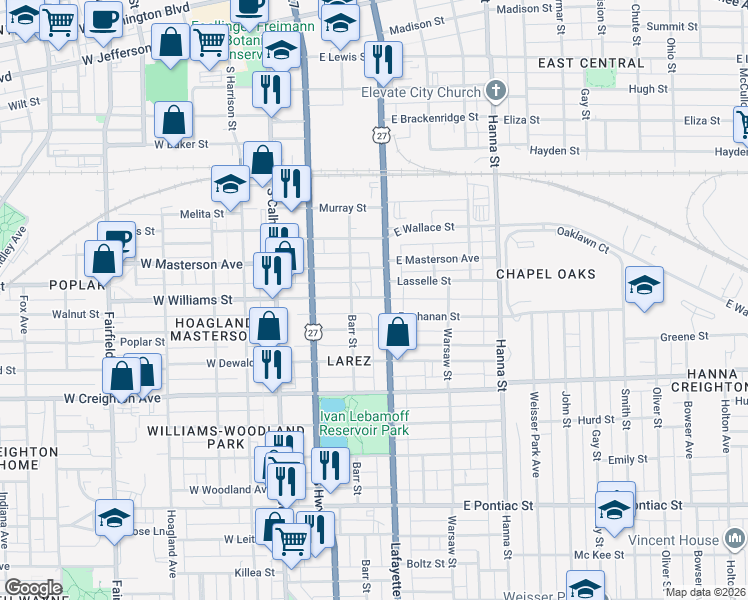 map of restaurants, bars, coffee shops, grocery stores, and more near 326 East Williams Street in Fort Wayne