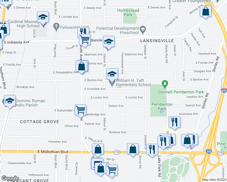 map of restaurants, bars, coffee shops, grocery stores, and more near 731 East Avondale Avenue in Youngstown