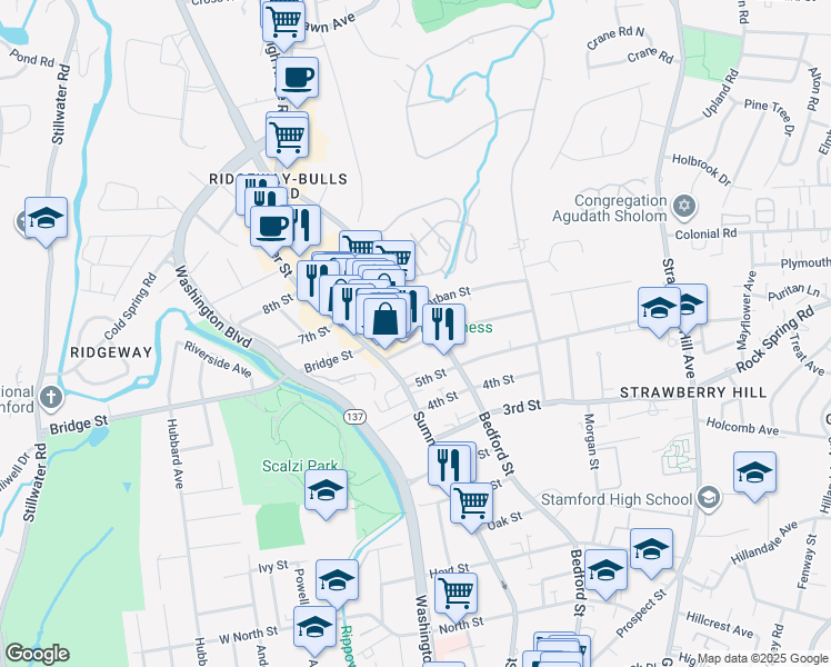 map of restaurants, bars, coffee shops, grocery stores, and more near 60 6th Street in Stamford