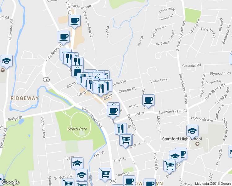 map of restaurants, bars, coffee shops, grocery stores, and more near 1899 Bedford Street in Stamford