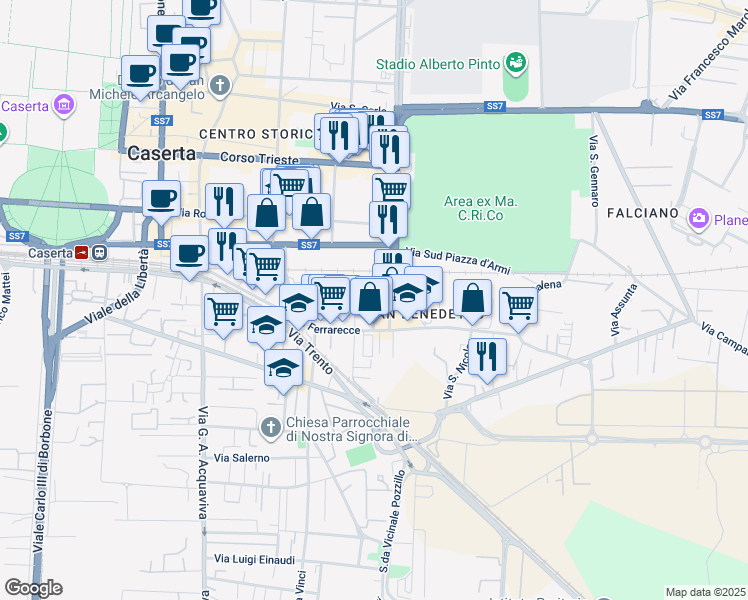 map of restaurants, bars, coffee shops, grocery stores, and more near 11 Via Pasquale Amato in Caserta