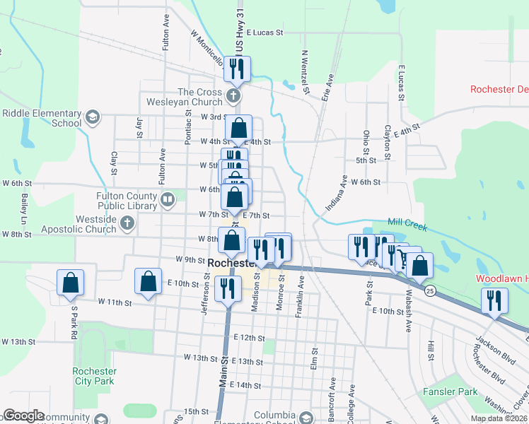 map of restaurants, bars, coffee shops, grocery stores, and more near 201-299 East 7th Street in Rochester