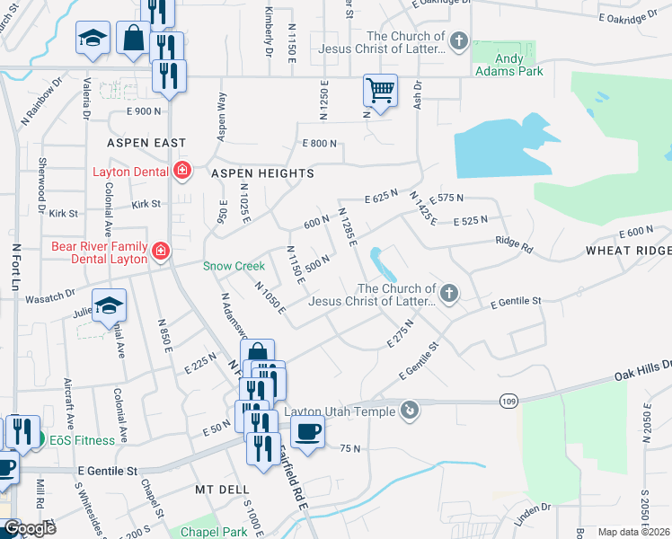 map of restaurants, bars, coffee shops, grocery stores, and more near North 1375 East in Layton
